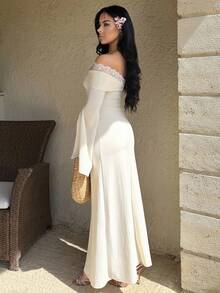 Vassilux Apricot Color Knitted Off-Shoulder Long Dress For Women Women's Dress Long Dress Valentine's Day Dresses For Women Elegant Dress Women Valentine Outfits For Women Elegant Dresses For Party Elegant Dresses For Ladies - Apricot - View 7