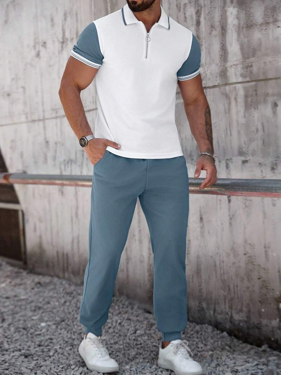 Manfinity CasualCool Setelan Kemeja Polo Lengan Pendek dan Celana Kasual Saku Pria dengan Blok Warna, Cocok untuk Perjalanan dan Jalan-jalan - Dusty Blue - View 1