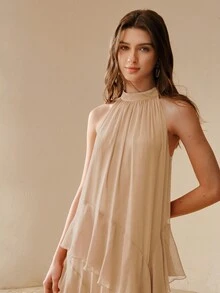 MOTF PREMIUM VESTIDO DE PLAYA FLUIDO Y LUJOSO CON CUELLO HALTER, VESTIDO DE DIOSA ELEGANTE PARA EL VERANO - Albaricoque - Ver 3