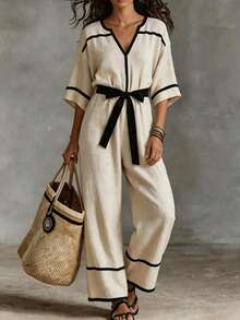 Breezaya Bộ jumpsuit nữ cổ chữ V màu mơ, chất liệu giả vải lanh, dệt kim tre, phối màu tương phản, thích hợp cho kỳ nghỉ và đi biển. - Màu be - Xem 1
