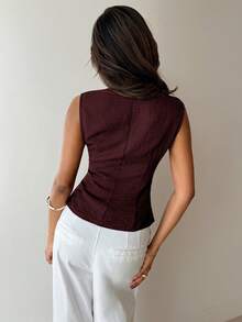 Aloruh New Minimalist Fashion Commuter Lace Patchwork Waist Ruched Asymmetric V-Neck Pullover Blouse - Burgundy - View 2