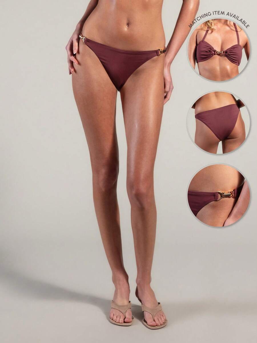 Rouah Women's Hardware Bikini Bottom, Casual Sexy Vacation - Matching Top Available Beach Party Burgundy Summer - Brown - View 1