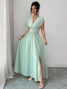 Elenzga Đầm maxi không tay màu xanh lá cây mềm mại dành cho nữ, cổ chữ V đan chéo, thắt nơ sau eo, xẻ tà điều chỉnh được, đa năng, thanh lịch, tôn dáng, phong cách Pháp lãng mạn cổ điển, thích hợp cho công sở, đi làm, đi biển, nghỉ lễ, dạo phố, đơn giản, đa năng, phù hợp cho đám cưới, phù dâu, ngày Valentine, tiệc trà chiều, mùa xuân hè. - Màu xanh Bạc hà - Xem 4