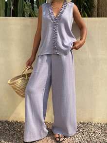 DAZY Women's V-Neck Loose 2 Pieces Set With Purple Lace Design - Mauve Purple - View 3