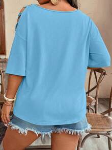Weeklong Plus Size Asymmetric Strap Portrait Print Short Sleeve T-Shirt - Mint Blue - View 2