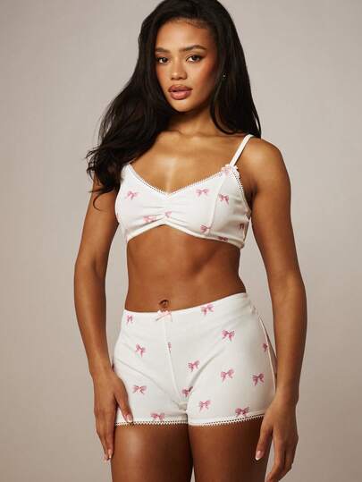 MISSGUIDED Ribbed Knit Bralette Top And Matching Shorts Two Piece Lounge Set With Pink Bow Print And Lace Trim Details