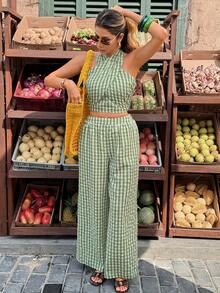 Serisse Women's Casual Vacation Green Plaid Criss-Cross Crop Halter  Top And Wide Leg Pants Casual 2 Pieces Set,Green Two Piece Set, Summer Pant Set, Boho Two Piece Set,Slimming Casual Set,Summer Vacation Outfits,Holiday Outfits For Women, Summer Outfits For Women , Holiday Outfits Western Wear Women Summer Holiday Outfits,Vacation Outfits For Women Resort, Summer 2 Piece Sets Woman Casual Two Piece Set Comfortable Two Piece Set - Green - View 6