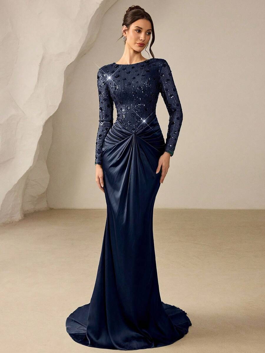 Coutiva Đầm dạ hội nữ thanh lịch đính sequin, phối nhiều mảnh, vạt trước xoắn, đuôi cá. - Màu xanh hải quân - Xem 1