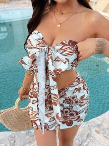 INAWLY Conjunto de 2 piezas de top tubo corto y mini falda con estampado floral y lazo para vacaciones casual de mujer - Verde - Ver 4