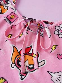 THE POWERPUFF GIRLS X SHEIN 女士可爱卡通印花系带吊带睡裙，夏季 - 粉色 - 查看 4