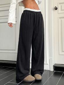 SHEIN EZwear Contrast Color Lace Patchwork Drawstring Waist Oblique Pocket Women's Pants - Black - View 6