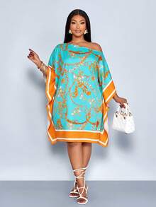 SOLERSUN Plus Size Women's Gold Summer Boho Elegant Tea Party Al-Adha Mid Length Dress,Off Shoulder Square Scarf Retro Forest Animal Positioning Printing - Green - View 3