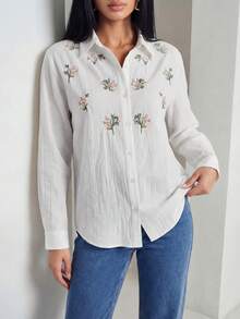 Solavon Camisa casual de mujer de manga larga con bordado floral y abotonadura sencilla - Blanco - Ver 1