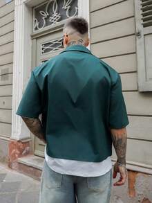 Artur Kramer Men's Numeric Embroidery Short Sleeve Single-Breasted Casual Cargo Pocket Shirt - Army Green - View 2