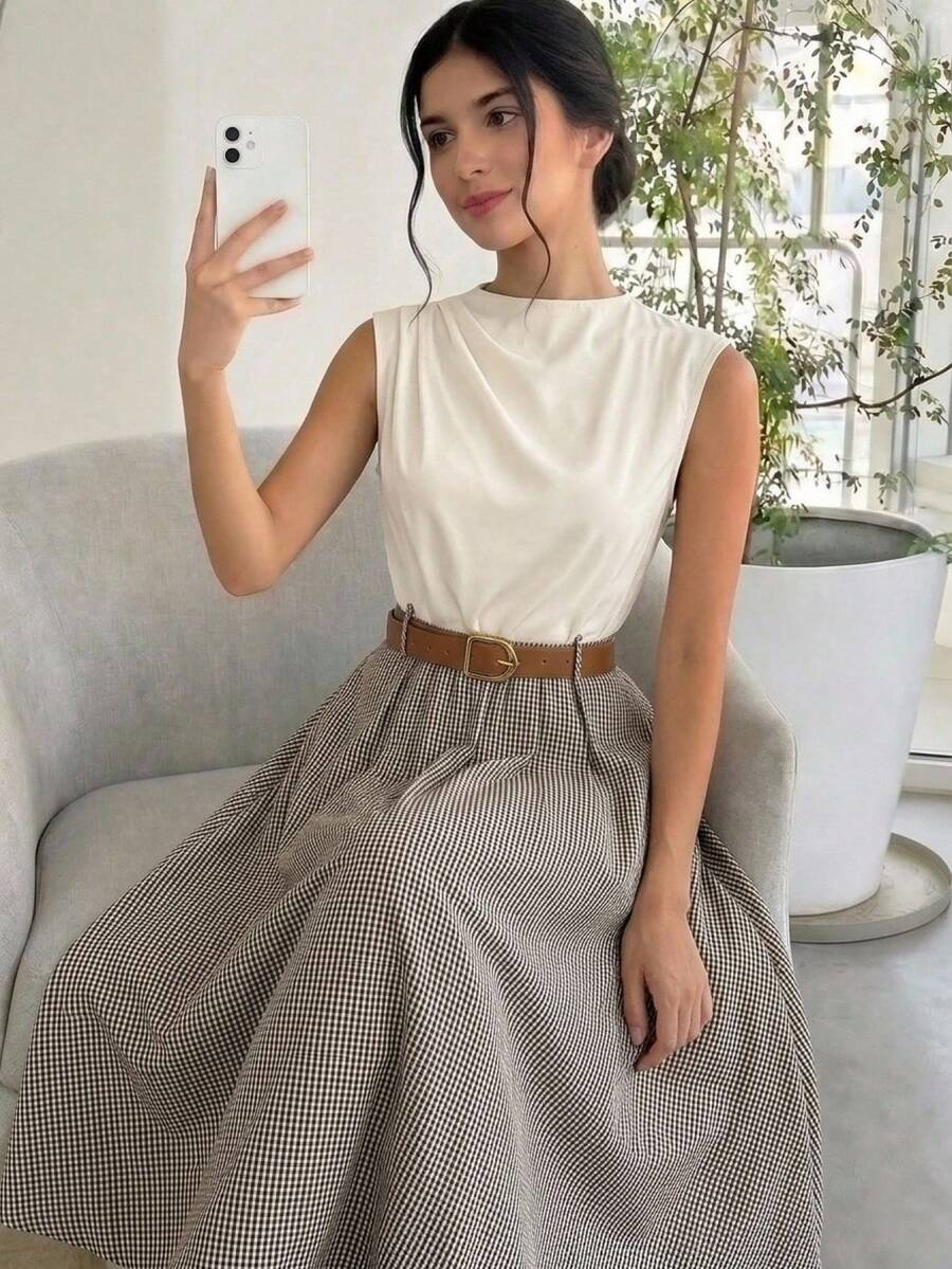 SHEIN 青少年女孩 C 休閒時尚通勤高領荷葉領卡其色收腰 A 字連身裙 - 杏色 - 查看 1
