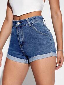 Jeanoix Damen Jeans Shorts mit aufgerolltem Saum und Taschen für den Sommer in Große Größen - Dunkle Waschung - Übersicht 2