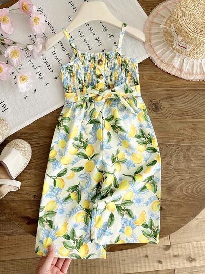 SHEIN Baby Girl Vacation Loose Fit Lemon Print Jumpsuit