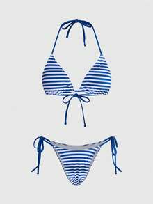 ROMWE Avant Bộ bikini 3 mảnh thanh lịch màu xanh sọc gợi cảm buộc dây phía trước dành cho nữ, chất liệu co giãn, thích hợp cho bãi biển, tiệc tùng, mùa xuân/hè. - Màu xanh lam - Xem 8