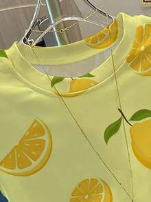 Summer Casual Crescent Print Short Sleeve T-Shirt - Yellow - View 3