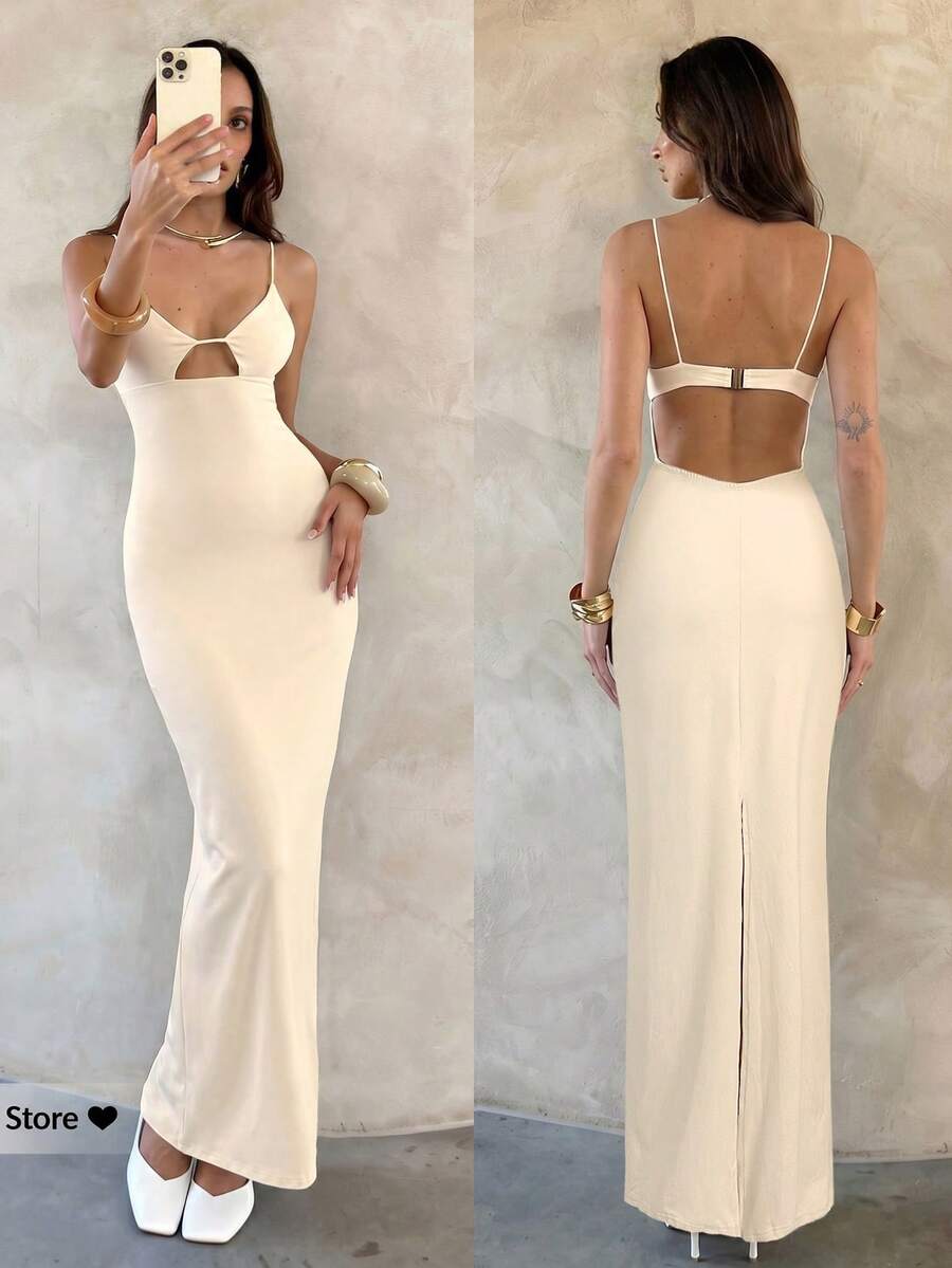 Aloruh Women's Solid Color Backless Spaghetti Strap Dress,Summer Dresses For Women - Beige - View 1