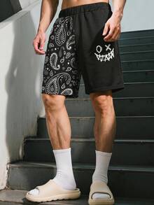 夏季街頭風青少年男孩休閒黑色運動短褲，腰果印花圖案寬鬆舒適基礎下身褲，Y2K SS26 短褲，適合旅行度假 - 彩色 - 查看 5