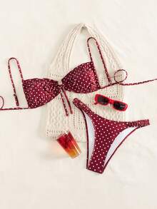 Swim Mod Bộ bikini chấm bi, đồ bơi gợi cảm dành cho nữ với dây đeo có thể điều chỉnh, thích hợp cho mùa xuân/hè. - Đỏ - Xem 2