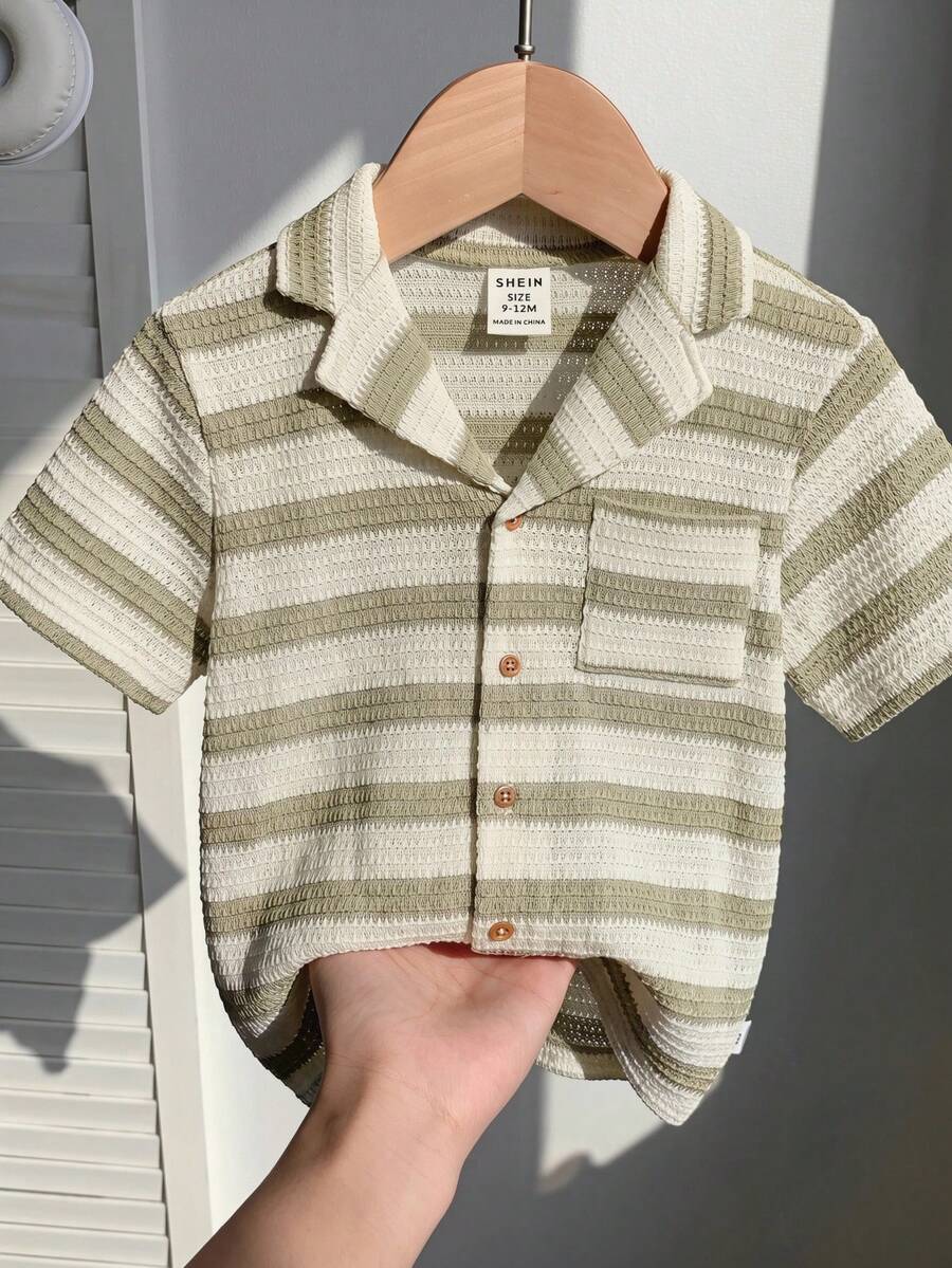 SHEIN Boys' Vacation Striped Short Sleeve Shirt, Collared Short Sleeve Cardigan Top - Multicolor - View 1