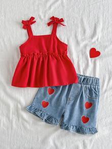 SHEIN Vintaside Kids 女婴夏季两件套，红色吊带背心搭配爱心刺绣牛仔短裤，适合户外玩耍、日常居家休闲、轻松运动、欢乐派对时光。 - 紅色 - 查看 4