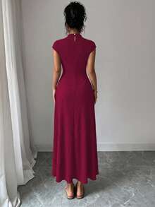 Modelyn Abito elegante da donna in stile francese, a tinta unita, estivo, aderente, con vita arricciata, plissettato e ampio gonna, adatto per occasioni formali - Bordò - Visualizzare 6