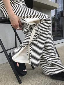 FRIFUL 女士休闲通勤条纹拼接裤 - 黑與白 - 查看 1