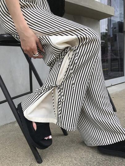 FRIFUL Quần nữ casual kẻ sọc phối nhiều mảnh