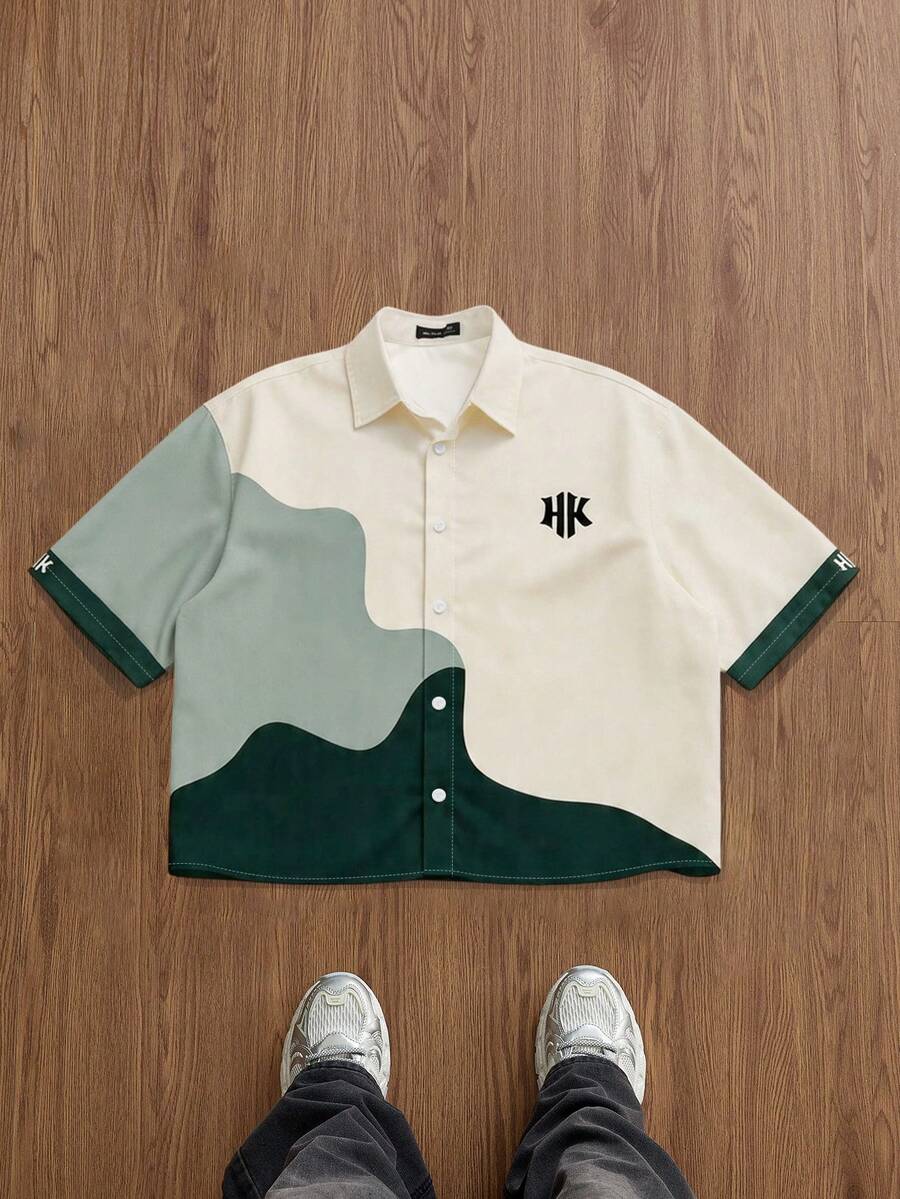Manfinity Joysei Men's Casual Contrast Color Print Loose Box Shirt, Suitable For Summer, Outings, School, Gifting To Friends, Etc. - Green - View 1