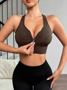 Easithlete Easithlete 女士纯色褶皱拉链运动文胸 - 棕色 - 查看 6
