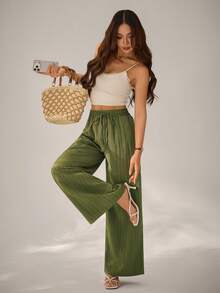 SHEIN PETITE Women's Casual Solid Color Drawstring Waist Slant Pocket Long Pants ,Petite Women - Army Green - View 4
