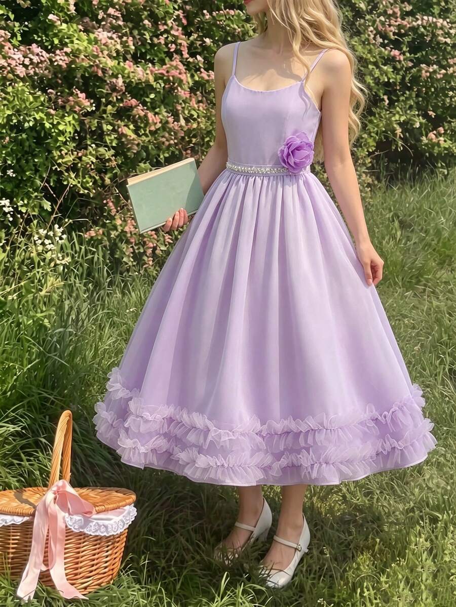 少女奢华优雅紫色缎面花卉无袖修身连衣裙,淡紫色夏季度假花童伴娘礼服 - 紫色 - 查看 1