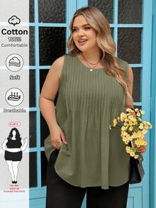 SHEIN CURVE+ 大码女式休闲褶皱无袖白色纯棉上衣 - 軍綠色 - 查看 1