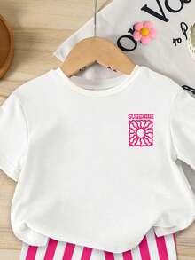 SHEIN Playful Pals 女童休闲简约白色T恤印有太阳图案，搭配修身条纹短裤两件套，适合暑期上学、居家、户外聚会等场合，可爱夏日穿搭，韩版风格 - 彩色 - 查看 5