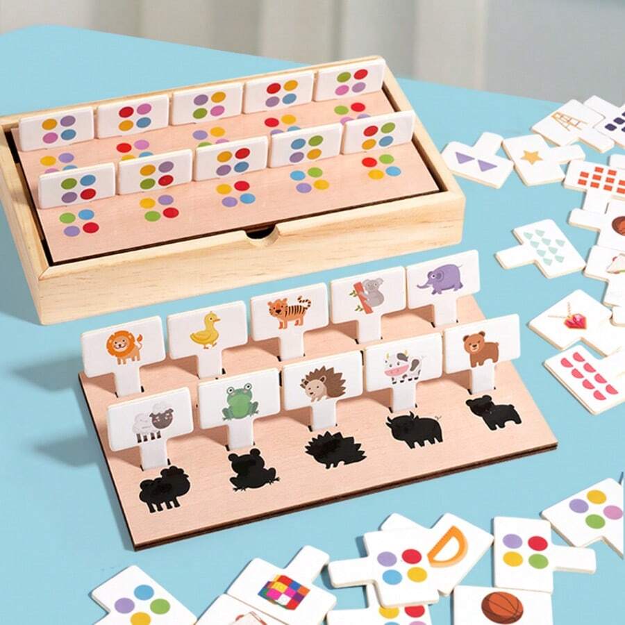 MINKOJA Wooden 4-In-1 Matching Game Box For Kids, Montessori Educational Early Learning Toy, Number Shape Color Animal Cognitive Flash Cards, Toddler Concentration & Observation Training Toy With Wooden Storage Box, Enlightenment Gift For Boys And Girls