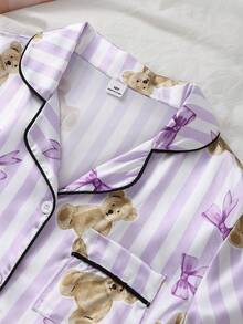 SHEIN 女童紫色蝴蝶结小熊条纹印花仿丝绸滚边撞色长袖开衫和裤子休闲家居服套装 - 淡紫色 - 查看 5