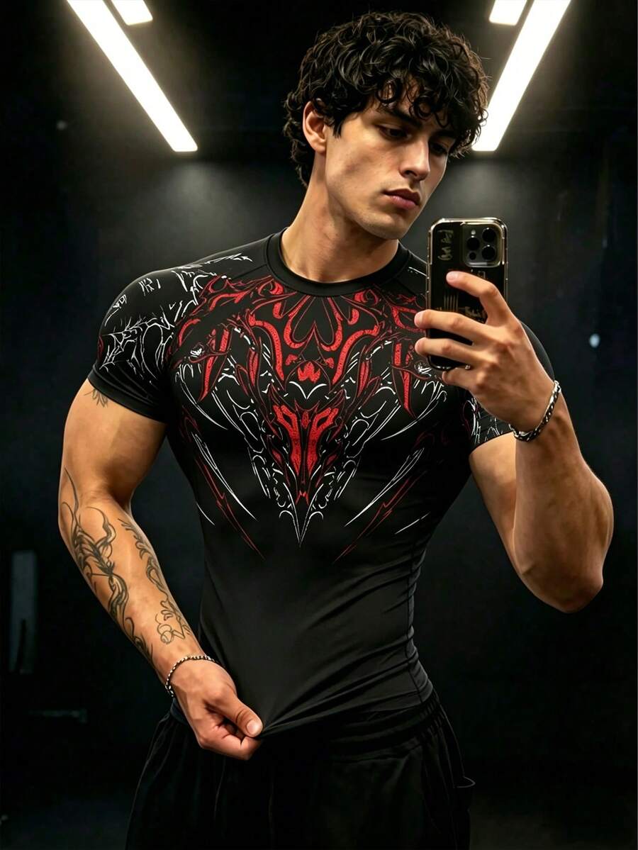 RISE LYT Camiseta deportiva de manga corta con cuello redondo y estampado gótico hip hop para hombre, gimnasio - Negro - Ver 1
