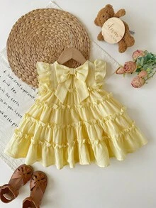 SHEIN Babygirl Cute Casual Loose Ruffled Cap Sleeve Dress - Mustard Yellow - View 3
