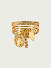 Glisma 1pc New Arrival Side-Set Little Heart Cross Religious Charm Rings Pave Zirconia Multi-Loop Adjustable Open Rings - Gold - View 1