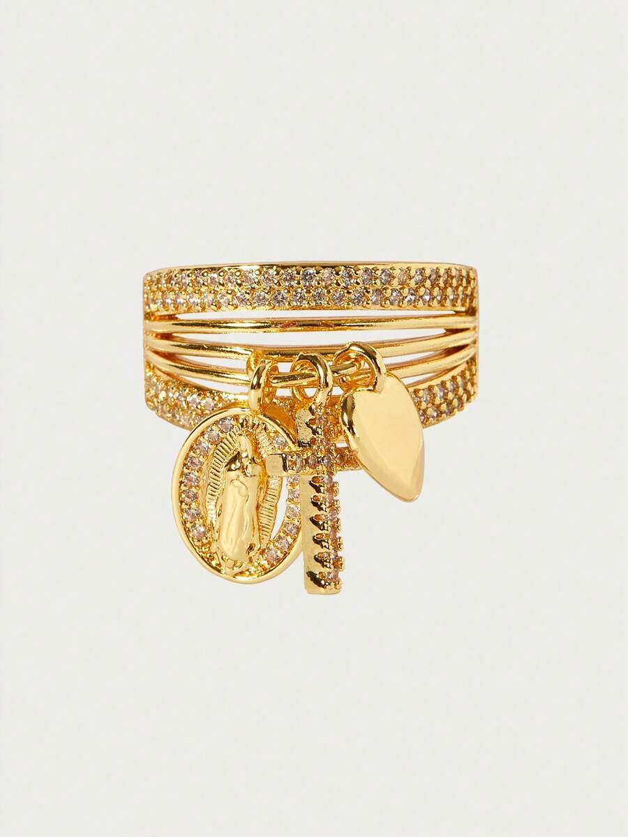 Glisma 1pc New Arrival Side-Set Little Heart Cross Religious Charm Rings Pave Zirconia Multi-Loop Adjustable Open Rings - Gold - View 1