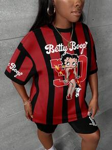 Slaydiva Betty Boop x SHEIN 大码女式基础休闲复古可爱黑红条纹印花两件套，春夏款 - 彩色 - 查看 5
