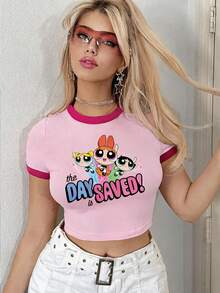 Sweetina THE POWERPUFF GIRLS X SHEIN Áo thun nữ tay ngắn cổ tròn, viền tương phản, in chữ hoạt hình, kiểu dáng thường ngày, đa năng. - Hồng - Xem 1