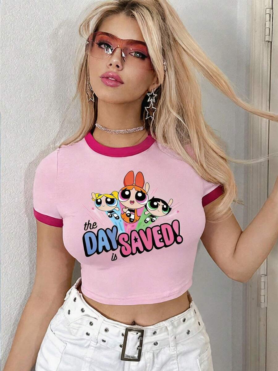 Sweetina THE POWERPUFF GIRLS X SHEIN Áo thun nữ tay ngắn cổ tròn, viền tương phản, in chữ hoạt hình, kiểu dáng thường ngày, đa năng. - Hồng - Xem 1