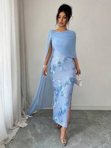 SHEIN Raffinéa Elegant And Sophisticated Light Blue Evening Gown With 3D Floral Mesh Shawl Sleeves, Fitted Long Dress, Perfect For Banquets And Weddings. - Blue - View 3