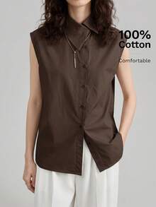 Ontre Women's Coffee Brown Summer Top,Effortless Chic Stockholm Style Casual Loose Sleeveless Button Shirt,Elegant Sophisticated Office Wear - Brown - View 1