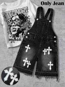 Quần yếm rộng rãi bằng vải denim đen họa tiết chữ thập dành cho bé trai. - màu đen - Xem 1