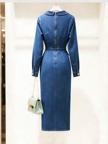 SHEIN LUNE CURVE Plus Size Women Ruched Slit Design Fashion Date Party Denim Dress - Blue - View 2